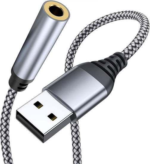 Picture of USB to 3.5mm Jack Audio Adapter, 39 inch USB to Audio Aux Cable External Stereo Sound Card, USB to 3.5mm TRRS Female Headset for PS4/PS5/Headphone/Mac/Linux/Laptop/Desktops/Docking Station