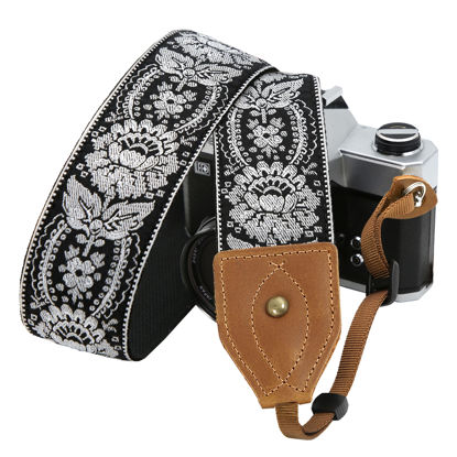 Picture of Padwa Lifestyle 2" Wide Classic Crazy Horse Art Cowhide Head Camera Strap - Jacquard Embroidery Floral Vintage Camera Straps for Photographers Gift, Adjustable Shoulder Neck Strap Fits DSLR Cameras