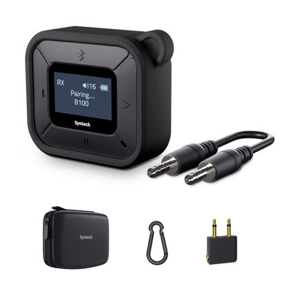 Picture of Syntech Airplane Bluetooth Transmitter Receiver for Airpods or Headphones, LED Display Dual Pairs Low Latency Wireless Bluetooth 5.3 Audio Adapter with Extra Dual 3.5mm AUX Adapter for Fly Car Black