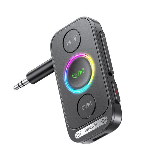 Picture of Syncwire Bluetooth 5.4 Aux Adapter for Car, Bluetooth 3.5mm Aux Receiver Wireless Audio Receiver for Home Stereo, Wired Headphone, Hands-Free Call, 22H Battery, Deep Bass, Colorful Light, Black