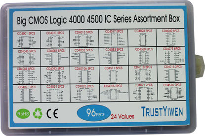 Picture of Gernal Big CMOS Logic 4000 4500 IC Series Assortment Box 24 Types, 96 pcs, CD4001 CD4011 CD4017 CD4028 CD4027 CD4040 CD4051E CD4060 CD4073 CD4081 CD4511 CD4516 CD10106 etc.