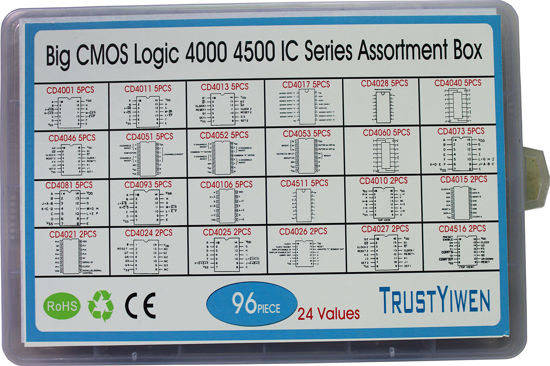 Picture of Gernal Big CMOS Logic 4000 4500 IC Series Assortment Box 24 Types, 96 pcs, CD4001 CD4011 CD4017 CD4028 CD4027 CD4040 CD4051E CD4060 CD4073 CD4081 CD4511 CD4516 CD10106 etc.