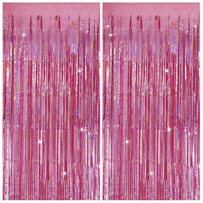 Picture of Tinsel Curtain Party Backdrop Pink Birthday Party Decorations 2 Packs Glitter Foil Fringe Curtain Party Decor Streamers Photo Booth for Birthday Christmas Wedding Halloween Graduation Decorations