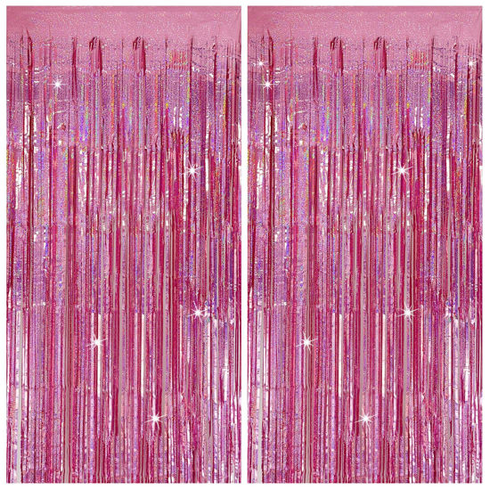 Picture of Tinsel Curtain Party Backdrop Pink Birthday Party Decorations 2 Packs Glitter Foil Fringe Curtain Party Decor Streamers Photo Booth for Birthday Christmas Wedding Halloween Graduation Decorations