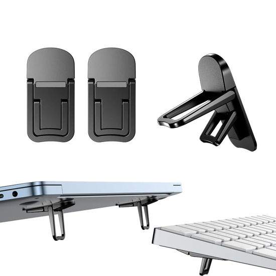 Picture of PONICOR 2PCS Zinc Alloy Mini Foldable Laptop Stand, Portable Computer Keyboard Riser with 2 Adjustable Angles, Self-Adhesive Invisible Notebook Stand and Keyboard Lift for Desk (Black)