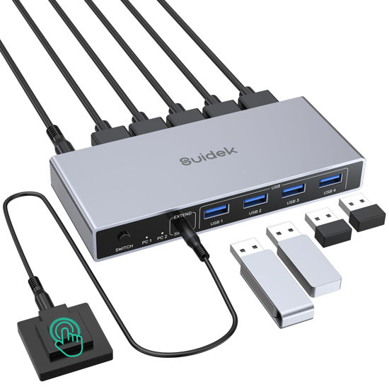 Picture of SUIDEK HDMI KVM Switch 1 Monitor 2 Computers, 4K@60Hz USB 3.0 KVM Switcher with 4 USB Ports for 2 Computers Share Keyboard Mouse Printer, Include Desktop Controller, 2 USB Cables and Power Adapter