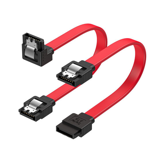 Picture of CableCreation SATA III Cable,8-Inch/0.6FT SATA III 6.0 Gbps 7pin Female to Downward Right Angle + Straight Female Data Cable with Locking Latch, Support for 2.5'' SSD,3.5''HDD Drive, Red