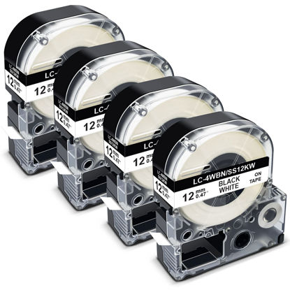 Picture of Pristar Compatible Label Tape Replacement for Epson LC-4WBN LK-4WBN SS12KW 12mm 1/2 Inch Refill Label Tape Cartridges for Epson LabelWorks LW300 LW400 LW600P LW700 Label Maker, Black on White, 4 Pack