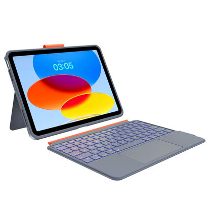 Picture of Case with Keyboard Compatible for iPad 10th Generation: Bluetooth Wireless Detachable Magnetic Stand Rechargeable Keyboard with Folio Slim Compact Removable Cover with Trackpad, White Backlit/Grey