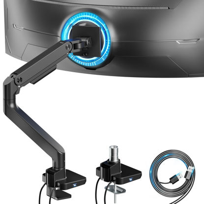 Picture of ARES WING Single Monitor Mount with USB A/C, Ultrawide Monitor Arm for 17 to 49 inch Heavy Duty Monitor, Holds 44 lbs, Adjustable Gas Spring Monitor Arm Desk Mount with Clamp and Grommet Base, Black