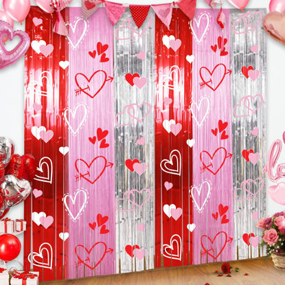 Picture of Foil Fringe Curtains Backdrop Valentines Party Decorations, 2 Pack 3.3 x 6.6 FT Red Pink Silver Tinsel Valentines Day Backdrop, Valentines Photo Backdrops Galentines Day Decor Wedding Party Decor