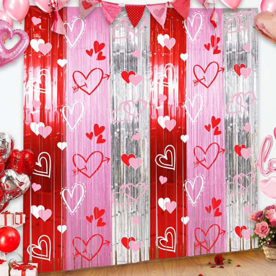 Picture of Foil Fringe Curtains Backdrop Valentines Party Decorations, 2 Pack 3.3 x 6.6 FT Red Pink Silver Tinsel Valentines Day Backdrop, Valentines Photo Backdrops Galentines Day Decor Wedding Party Decor