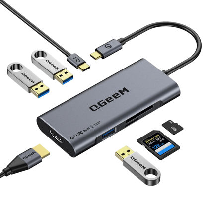 Picture of USB C Hub, QGeeM USB C 4k HDMI Adapter, 7 in 1 USB C Dongle with 100W PD,USB 3.0, Card Reader, Compatible for MacBook iPhone 15/16 Ipad Pro max,Chromebook Laptop USB c Dock-Classic Grey