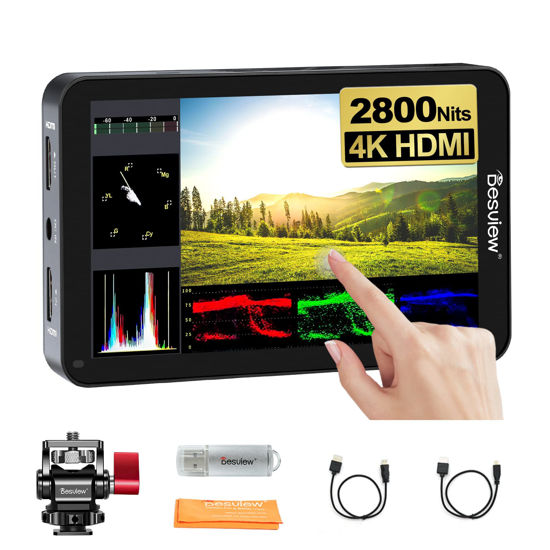Picture of Desview R6 Camera Field Monitor, 5.5 inch Touch Screen 2800nits Ultra Brightness Full HD 1920x1080 IPS Panel with HDR 3D LUT Waveform Peaking 4K HDMI in/Out 8V DC Output on DSLR