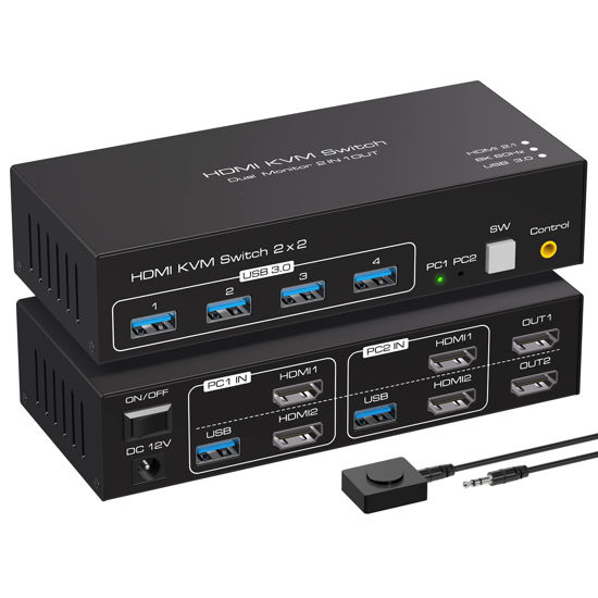 Picture of ATLAHET 8K HDMI KVM Switch 2 Monitor 2 Computers Support 8K@60Hz 4K@120Hz KVM Switcher for 2 PC Share 2 Monitors and 4 USB 3.0 Devices Support Copy and Extend Mode with External Accessories