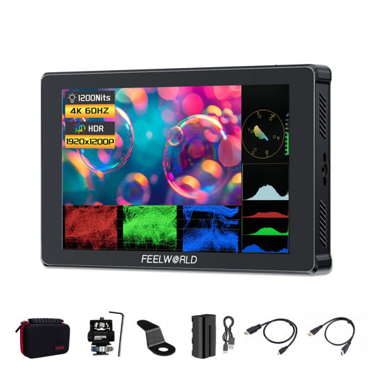 Picture of FEELWORLD F7 Plus 7 Inch Touch Screen DSLR Camera Field Monitor,4K HDMI 1920x1200 Camera Monitor Enhanced 3D LUT Waveform VectorScope Histogram F970 External Plate with Carry Case,Battery Bundles