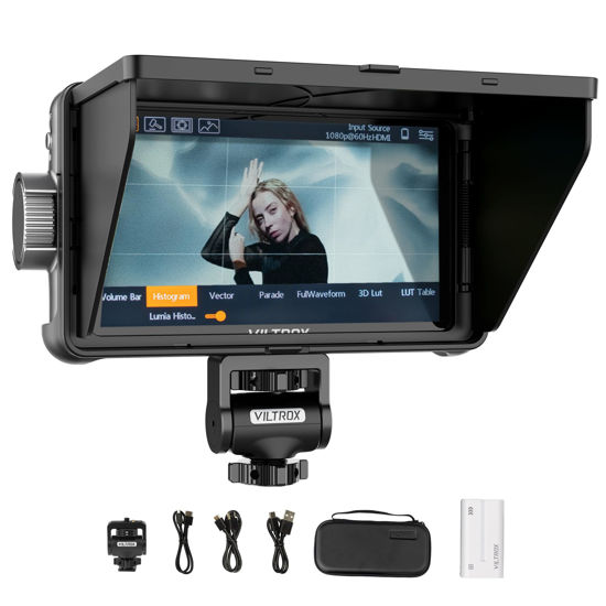 Picture of VILTROX 5.5 Inch 1200nits 4Kp30 HDMI Video Field Monitor, 10bit HDR Daylight Viewable 1920 x 1080 Portable Monitor Recorder, Hot Shoe Mount, Battery, Sunshine Hood