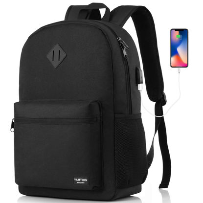 Picture of YAMTION Black Backpack for Women Men,Casual School Backpack Teen Boys and Girls 15.6 Inch Laptop Bookbag with USB Charger for College High School Travel Business