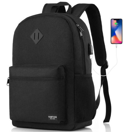 Picture of YAMTION Black Backpack for Women Men,Casual School Backpack Teen Boys and Girls 15.6 Inch Laptop Bookbag with USB Charger for College High School Travel Business