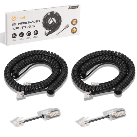 Picture of Uvital Phone Handset Cord Detangler for Desk Phone, RJ9 2Pack 10FT Landline Phone Cord(Coiled Length: 1.2FT) and 2 Pack Anti-Tangle Telephone Cord Untangler, 360° Rotating Swivel, Black