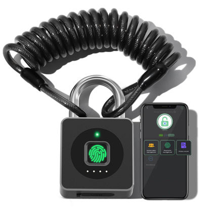 Picture of Pothunder Fingerprint Padlock, Fingerprint Lock with APP, Padlock with Steel Cable Keyless Biometric, Smart Padlock Waterproof Suitable for Gym, Locker, Helmet, Gate, Fence, Luggage