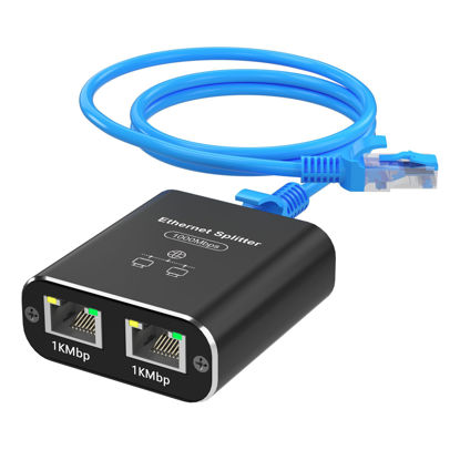 Picture of Gigabit Ethernet Splitter 1 to 2 Out with Cat 6 Ethernet Cable, 1000Mbps Internet Splitter 1 in 2 Out, ethernet Cable Splitter with USB Power Cable, RJ45 Splitter Connector for Cat 5/5e/6/7/8 Cable