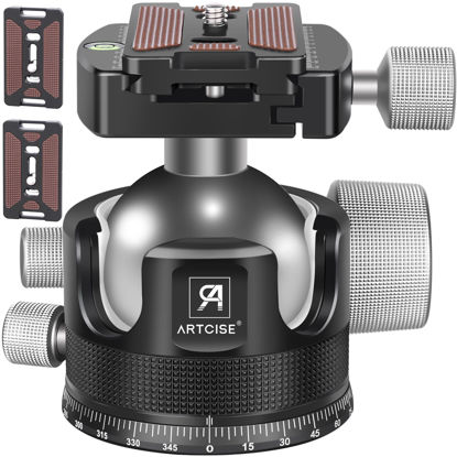 Picture of Low Profile Ball Head Tripod Ball Head ARTCISE KB44 Heavy Duty Tripod Head All Metal CNC Machining with Three 1/4" Quick Release Plates for Tripod, Monopod, DSLR, Camcorder, Max Load 66lbs /30kg