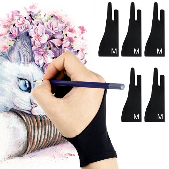 Picture of Falling in Art 5 Pack Drawing Gloves with Two Fingers, Digital Artist Gloves for Left and Right Hand, Soft Art Gloves for Graphic Drawing Tablets, iPads, Monitors and Paper Sketching, M