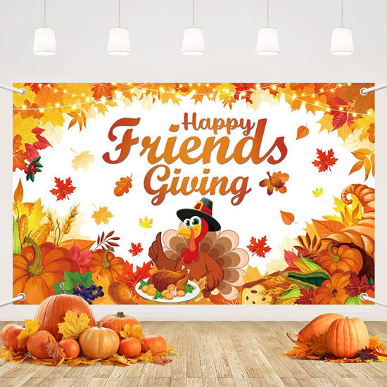 Picture of AIBIIN Happy Friendsgiving Backdrop Friendsgiving Party Decorations Thanksgiving Day Turkey Photography Background Fall Pumpkin Harvest Maple Leaf Happy Friends Giving Party Banner 70.8x43.3 inch