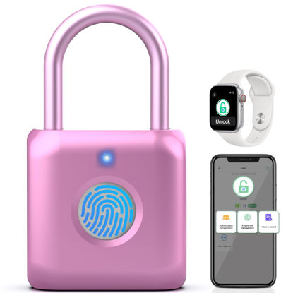 Picture of Pothunder Fingerprint Padlock, Smart Padlock, Locker Lock, Combination Lock, Fingerprint Lock with APP Unlock, USB Rechargeable, Suitable for Gym Locker, Door, Locker(Pink)