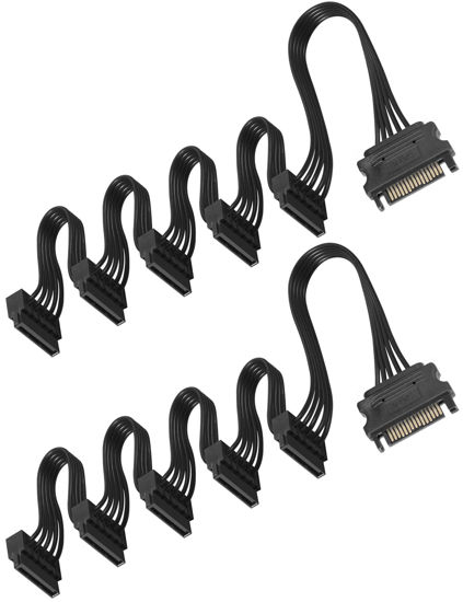 Picture of upHere 1 to 5 SATA Power Splitter Cables 19.7 in (500 mm) - 15 Pin Male to Female Power Cable Splitter Powers up to 5 Hard Disk Drive, SSD, Optical Drives (2 Pack, Black)