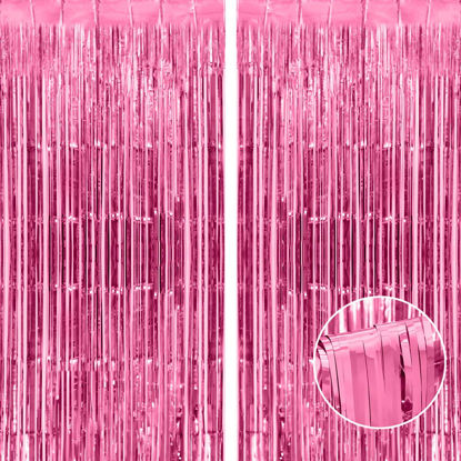 Picture of Thicken Pink Foil Fringe Curtains Decorations 3.2x8.2ft - 2 Pack, Photo Backdrop for Birthday Bachelorette Bridal Shower Baby Shower Graduation Party, Party Streams Decor