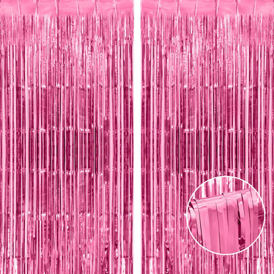 Picture of Thicken Pink Foil Fringe Curtains Decorations 3.2x8.2ft - 2 Pack, Photo Backdrop for Birthday Bachelorette Bridal Shower Baby Shower Graduation Party, Party Streams Decor
