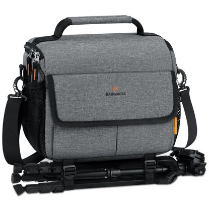 Picture of RAINSMORE Camera Bag for DSLR SLR Mirrorless Camera,Small Camera Sling Bag for Photographers Waterproof Camera Case with Tripod Holder Compact Camera Bag Crossbody with Rain Cover，Grey