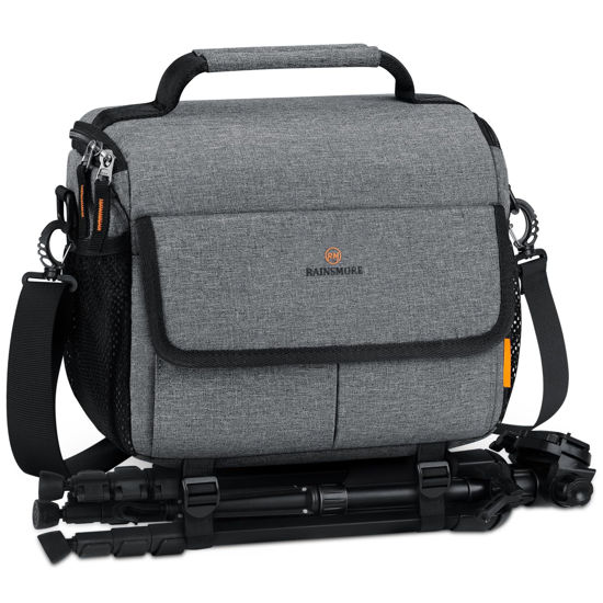 Picture of RAINSMORE Camera Bag for DSLR SLR Mirrorless Camera,Small Camera Sling Bag for Photographers Waterproof Camera Case with Tripod Holder Compact Camera Bag Crossbody with Rain Cover，Grey