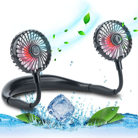 Picture of VAGAU Portable Cooling Neck Fan, Rechargeable USB Personal Neck Fan with Colorful LED lights, 360° Rotation, Wearable Neck Fan Air Conditioner for Office Travel Sport, 3 Adjustable Speeds（Black）