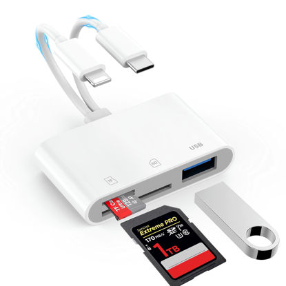 Picture of Denlane SD Card Reader for iPhone iPad Mac, Digital Camera Adapter to iPhone Lightning & USB C Dual Connector, Trail Camera Memory Card Viewer with SD/Micro SD/USB-A 3 Slot, No App Plug and Play