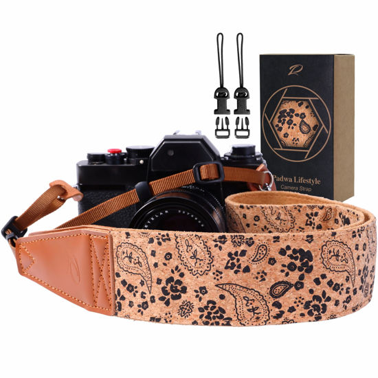 Picture of Padwa Lifestyle Cork Camera Strap - 2" Top Layer Cowhide Head Camera Straps for Photographers,Natural Log Crackle Art Print Style,Soft Chamois Velvet Padded Strap Quick Release fits All Cameras