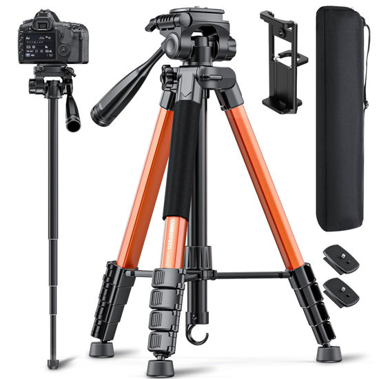 Picture of CAMBOFOTO 73" Camera Tripod and Monopod, Professional Aluminum Tripod Stand for Mirrorless Camera/DSLR/Cell Phone/Camcorder/GoPro, with Phone Holder and Travel Bag (Orange)