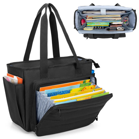 Picture of CURMIO Large Teacher Bag for Women, Portable Teacher Tote Bag with Accordion File Organizer Compartment and Laptop Sleeve, Black(Patent Pending)