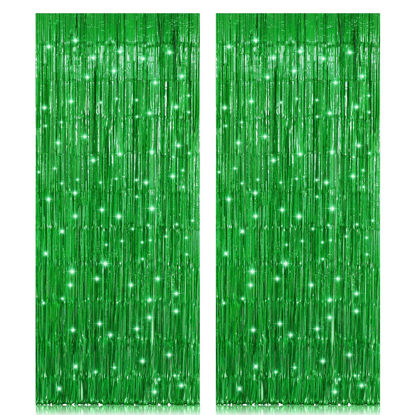 Picture of 2 Pack 3.2ft x 8.2ft Green Foil Fringe Curtain, Metallic Tinsel Foil Fringe Rain Curtain Streamers Photo Backdrop for St Patricks Day Decorations Birthday Christmas Jungle Safari Tropical Party Decor