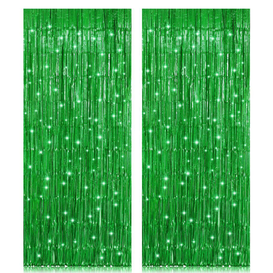 Picture of 2 Pack 3.2ft x 8.2ft Green Foil Fringe Curtain, Metallic Tinsel Foil Fringe Rain Curtain Streamers Photo Backdrop for St Patricks Day Decorations Birthday Christmas Jungle Safari Tropical Party Decor