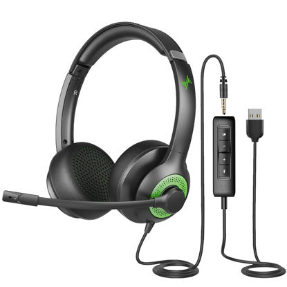 Picture of EAGLEND USB Headset with Mic for PC, On-Ear Computer Laptop Headphones with Noise Cancelling Microphone in-line Control for Home Office Online Class Skype Zoom (USB+3.5mm, Green)