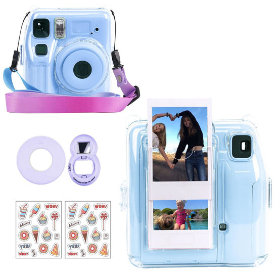 Picture of CAIYOULE Clear Case for Fujifilm Instax Mini SE Camera Protective Case with Back Photo Storage Pocket, Selfie Mirror, Stickers and Adjustable Shoulder Strap