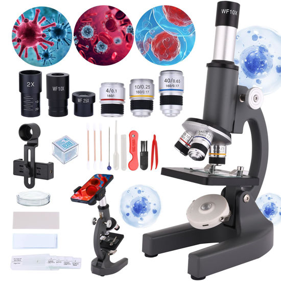 Picture of Gray Microscope for Adults Kids 40-2000X Magnification Compound Microscope with Microscope Slides Fill Light,Suitable for Children Students Home School Laboratory Microscope kit