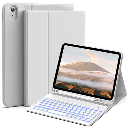 Picture of JKSML 10.9" Case for iPad 10th Generation 2022 with 7 Colors Backlit Keyboard & Pencil Holder, Detachable Bluetooth Round Key Keyboard (Quick Connection), Adjustable Brightness, Soft Silicone, Gray