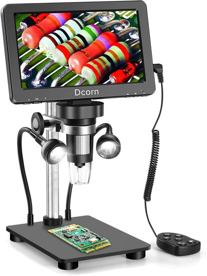 Picture of Dcorn 7'' Digital Microscope 1200X, 12MP 1080P Photo/Video Microscope for Adults Soldering Coins,Metal Stand,Wired Remote,10 LED Fill Lights,PC View,Windows/Mac - Black