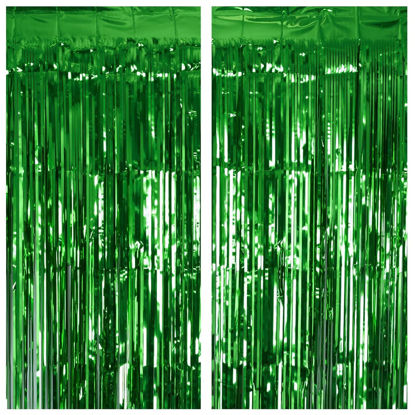 Picture of 2 Pack Green Tinsel Curtain Party Backdrop, 3.2Ft x 8.2Ft Metallic Tinsel Foil Fringe Curtains Photo Booth Props Background for Christmas St Patrick’s Day Safari Tropical Bachelorette Decorations