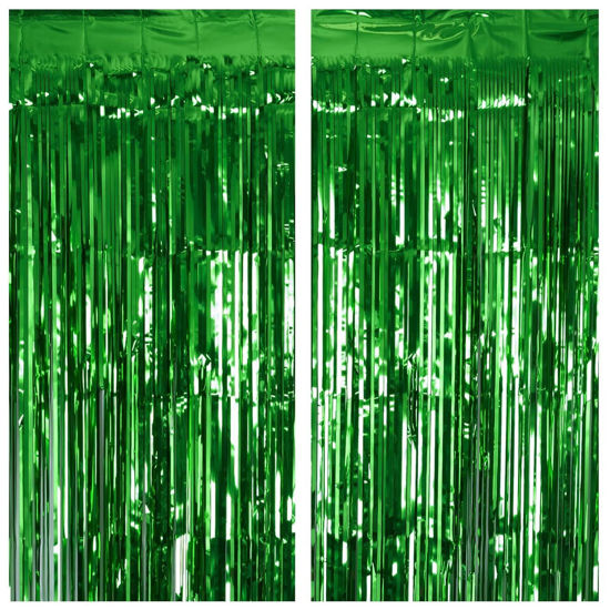 Picture of 2 Pack Green Tinsel Curtain Party Backdrop, 3.2Ft x 8.2Ft Metallic Tinsel Foil Fringe Curtains Photo Booth Props Background for Christmas St Patrick’s Day Safari Tropical Bachelorette Decorations