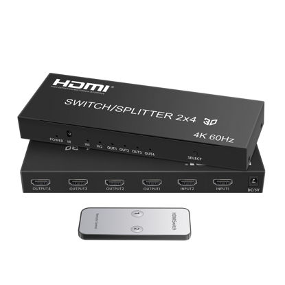 Picture of 4K@60Hz HDMI Switch Splitter 2 in 4 Out with Remote, avedio Links 2x4 HDMI Splitter Switcher 4K with SPDIF & 3.5mm Audio,Support 4K,3D,1080p,HDCP2.2,HDR 10 for PS5/4,Xbox,Fire Stick,etc